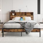 Crocofair Queen Bed Frame with Bookcase Headboard and USB Ports,Metal Platform Bed Queen Size Mattress Foundation,Metal Slats Support,No Box Spring Needed,Industrial Style(Vintage Brown)