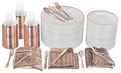 Prestee 600 pcs Disposable Dinnerware Set for 100 Guests - Includes 100 Party Plates Rose Gold, Salad Plates, Knives, Forks, Spoons, Disposable Cups - Dinner Party Plastic Plates in Bulk