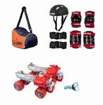 JJ JONEX Tenacity Adjustable Skates Combo With Helmet, Knee Pad, Elbow Pad, Gloves, Key, and Bag - Suitable for Age 11+ (Large) Black/Red