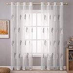 MIULEE 2 Panels Leaves Embroidery Sheer Curtains Christmas Decoration Grommet Window Curtain Semi Voile Drapes Panels for Living Room Bedroom Big Leaves Grey 55" Wx88 L