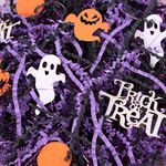 PAPER FAIR 1LB Halloween Crinkle Cut Paper Shred, Black Purple Iridescent Glitter Strand Raffia Filler w/Orange Ghosts Trick or Treat Confetti, Candy Gift Wrapping Basket Box Craft Bedding Cushion