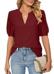 LAOLASI 2024 Women's Summer Tshirts Casual Puff Short Sleeve Shirts V Neck Tops Tunic Blouses,Wine Red,2XL