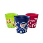 Hum Flowerpots, 15cm Set of 3, Various Patterns Colours and Sizes, Indoor/Outdoor Plastic Plant Pots, Green, Blue & Pink