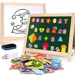 Wooden Art Easel Magnetic Whiteboard and Chalkboard Tabletop Drawing Board for Kids with Magnetic Letters Numbers and Other Accessories, Education Toys for Toddlers Boys and Girls