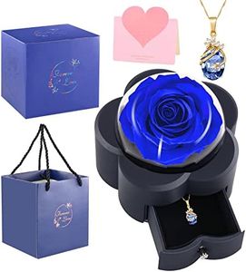 Preserved Real Rose with Necklace in Lovely Plum Blossom Shape Gift Box, Eternal Real Blue Flower for Women Wife Mum Mom Girlfriend Wedding Valentines Day Anniversary Ideas, Mother’s Day