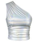Amy Babe Women's Liquid Metallic Crop Tops Sleeveless Ruched One Shoulder Top Night Out Clubwear, Unicorn Silver, Small