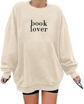 MOUSYA Book Lover Embroidered Sweatshirt Women Funny Reading Book Long Sleeve Shirt Casual Teacher Pullover Tops, Apricot, X-Large