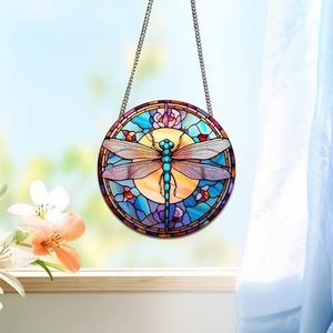 HOTIYOK Dragonfly Acrylic Window Hangings Retro Stained Window & Wall Decor with Chain for Indoor/Outdoor, Ideal Housewarming Gift, Home Decor for Mom Grandma Wife Teacher Insects Lover