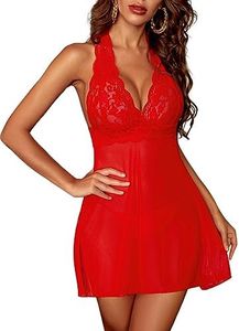 Avidlove Women Halter Lace Babydoll Mesh Sexy Lingerie Set Nightwear, Medium, Red Fba