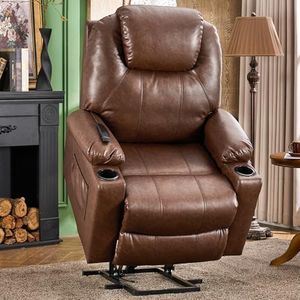 Recliner Chair, Electric Power Lift Recliner Chair for Elderly, Leather Reclining Sofa with Massage and Heat, Adjustable Recliner Couch for Living Room with USB/type C Port/2 Cup Holders, Faux Leather