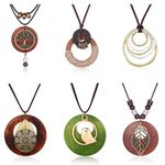 Finrezio 6Pcs Long Wooden Pendant Necklaces for Women Handmade Brown Sweater Necklace Set Bohemian Vintage Chunky Necklace Bird Leaf Tree Layered Y Necklace Women Fashion Hippie Jewelry