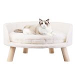 BingoPaw Cat Sofa Chair Bed: Elevated Nordic Pet Stool Bed with Removable Waterproof Mat - Raised Plush Fur Dog Kitten Couch with Wooden Legs Frame (Dia 40cm)