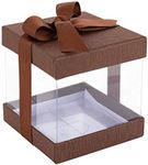 Hammont Clear Gift Box - 6 Pack Clear Boxes for Gifts, Cakes, Cookies, & Party Favors - Boxes with Base, Lid & Ribbon - Versatile Clear Cake Box Solution (4"x4"x4" (Brown))