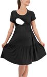 PARNIXS Women's Summer Nursing Dress Short Sleeve Maternity Knee Length Dress Patchwork Pregnancy Clothes, Black, Large