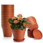 FHWTY 16 Pack Plastic Terracotta Plant Pots with Drainage Holes and Tray, 4 inch Thickened Indoor Planters Seedlings Nursery Pots for Flowers, African Violet, Succulent and All House Plants