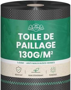 SKYLANTERN Toile de Paillage 130g/m² très épais - Geotextile Anti Repousse Gravier 50m x 1m (50m2) pour Terrasses et Allées - Bache Desherbant Anti Mauvaise Herbe 130g - Toiles de paillage Géotextile
