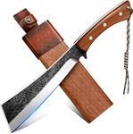 Freelander Japanese Style High Carbon Steel Machete with Red Sandalwood Ergonomic Full Tang Handle and Wood-Leather Sheath — Heavy-Duty Outdoor Tool for Camping, Hiking, Yard Work, and Survival