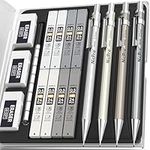 Nicpro 4PCS 0.5 mm Metal Mechanical Pencils Set, Lead Drafting Pencil for Artist Writing, Sketching, Drawing, with 8 Tubes HB Lead Refills & 3PCS 4B Erasers, 9PCS Erasers Refills | Come with Case