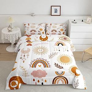 Boho Rainbow Bedding Set For Girls Full,Cute Bohemian Eyes Moon Sun Comforter Set Kawaii Cloud Dream Catcher Bedding Comforter Sets For Kids Nursery Cartoon Hand Drawn Doodle Quilt Set 2 Pillowcases