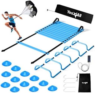 Yes4All Speed Training Equipment Set: 15ft Agility Ladder, Resistance Parachute, 5 Agility Hurdles, 12 Disc Cones with Carry Bag/Strap + Jump Rope