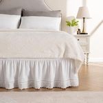 MIYE Wrap Around Ruffled Lace Bed Skirt, Elastic Dust Ruffle with Adjustable Belts, Easy to Put On, Bed Frame Cover, Machine Washable (Embroidered/White, Full/Twin-18 Drop)