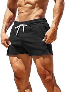 GYMAPE Men's Gym Sport Bodybuilding Workout Casual Shorts with Pockets 3 inch Inseam Raw Hem Terry Cotton, Black, Medium