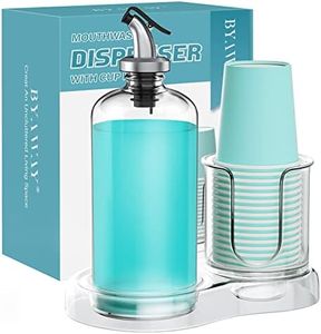 BYAWAY Mouthwash Dispenser for Bathroom with Cup Holder Detachable Glass Mouthwash Container 16 Oz,Refillable Mouth Washer Dispenser for Countertop