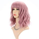 FAELBATY short Wave Pink Bob Wigs With Bangs Shoulder Length Women's Short Wig Curly Wavy Synthetic Cosplay Wig Pastel Wig for Girl Costume Wigs pink Wig