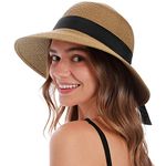 Women's Sun Hats UV Protection Large Wide Brim Hat Women Packable Sun Hat for Women Straw Hats, Brown/Black, 6 3/4-7 1/8