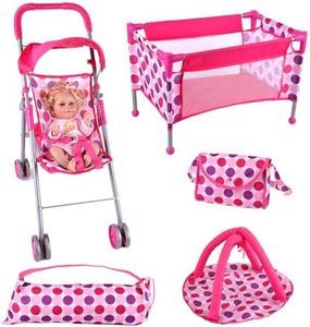 BABESIDE 5 Pcs Reborn Baby Doll Accessories for 12-20 Inch Baby Dolls Play Set with Baby Doll Stroller, Baby Doll Crib, Play Mat, Diaper Bag, Activity Mat