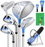 Kids Golf Clubs Set for Ages 9-12, Right Handed Youth Golf Clubs 9 Piece Set with 400cc Driver, Hybrid, 7 Iron, 9 Iron, Putter, Stand Bag & Practice Mat,Junior Golf Clubs for Height 4'4"-4'10",Blue
