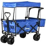 Outsunny Folding Trolley Cart Storage Wagon Beach Trailer 4 Wheels with Handle Overhead Canopy Cart Push Pull For Shopping Camping, Blue