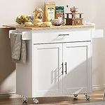 SogesGame Kitchen Island with Storage Cabinet, Rolling Kitchen Cart with Drawer, Drop Leaf Desktop, Spice Rack and Towel Holder, Wood Kitchen Serving Carts and Islands Table on Wheels, White