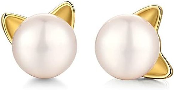 JiaYang Beautiful Cats/Deer/Rabbit Pearl Earrings for Women, Girls, 925 Sterling Silver Cat Necklace, Cat Jewellery for Cat Lovers, Birthday/Anniversary/Daily Gift, Sterling Silver
