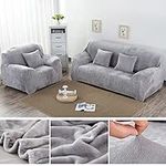 Yeahmart Thick Sofa Covers 1/2/3 Seater Pure Color Sofa Protector Velvet Easy Fit Elastic Fabric Stretch Couch Slipcover (Silver Grey, 2 Seater 145-185cm)