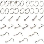 Beaute 20G Nose Rings Hoop Set Stainless Steel Nose Studs Nose Screw Nose Hoop Rings CZ Nose Piercing Jewelry for Women Men 36PCS