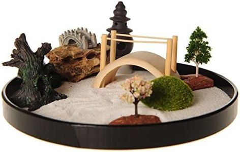 ICNBUYS Zen Garden with Boat Bridge Japanese Censers Set with Free Rake and Pushing Sand Pen Base Tray Diameter 9.4 inches