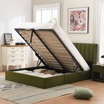 YUHUASHI Queen Size Hydraulic Storage Bed, Upholstered Platform Bed Frame, Modern Wingback Design Headboard, Velvet Fabric with Hydraulic Support Bars, No Box Spring Required (Grass Green, Queen)