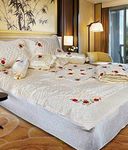 Namaste India Rajasthan Floral Embroidery Satin Double Bedding Set- Bedsheet, 2 Pillow Cover, 2 Filled Cushion, 2 Filled Bolsters and AC Comforter (King Size, White, Set of 8 Pieces)