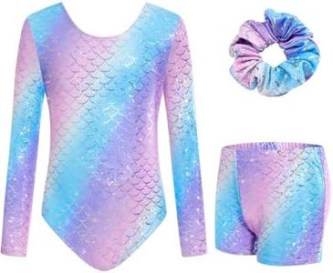 JiAmy Leotards for Girls Gymnastics, Long Sleeve Sparkly Dance Biketards with Shorts Ballet Tumbling Outfit for 3-12 Years Plant Printing 11-12 Years