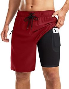 Pinkbomb Men's Swim Trunks with Compression Liner 9 Inch Quick Dry Swimsuit Swimming Swim Board Shorts for Men with Pockets (Red, XXL)