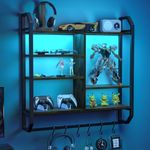 Nidouillet Gaming Floating Shelves, Large LED Wall Mounted Display Shelf, Adjustable Hanging Pipe Shelf Bookshelf with Lights 6 Hooks for Game Living Room Bedroom Coffee Bar Kitchen Decor (Brown)