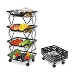 Folding Vegetable Fruit Basket Stand, 4 Tier Stackable Fruit Vegetable Storage Rack for Kitchen, Storage Basket with Wheels Metal Wire Mesh Organizer