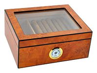 DUCIHBA Cigar Humidors Case Holds 25-50 Cigars, Tempered Glass Top Display, Handcraft Spanish Cedar Wood Desktop Storage Cigar Box with Divider, Humidifier and Hygrometer, Burlwood Blond