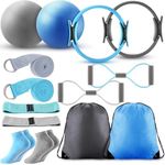 Poen 14 Pcs Pilates Ring and Ball Set for Women Pilates Ring Circle Ball with Stretching Strap 8 Resistance Bands Non Slip Socks Gym Back Bags Exercise Equipment for Workout (Blue, Gray)