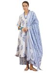 INDO ERA Women's Printed Pure Cotton Calf Length A-Line Kurta & Palazzo With Dupatta Set (KH0WH6282_X-Small)