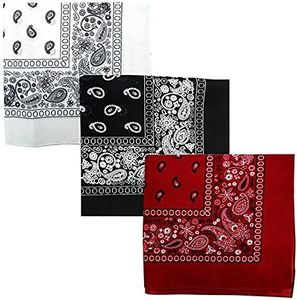 Paisley 3 piece Assorted Cotton Bandanas (White / Black / Cardinal)