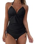 SUUKSESS Women Halter Tankini Bathing Suits Sexy Slimming Tummy Control Swimsuit, #1 Black, Small