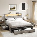 HAUSOURCE Queen Bed Frame with Storage Headboard and 4 Drawers LED Lights Metal Platform with Non-Slip Surface, Noise-Free Sturdy Metal Slat Support, No Box Spring Needed,Greige