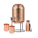 Haifa Crafts City Copper Water Dispenser with Tap with Stand and 2 Glasses | BPA Free, Non-Toxic | Hammered Texture, Rustproof & Durable | with Added Health Benefits of Copper